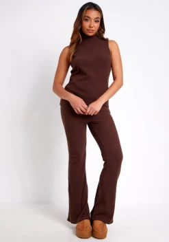 Airport Vibin'|Knitwear*Missy Empire Janie Chocolate Brushed Rib High Neck Sleeveless Top