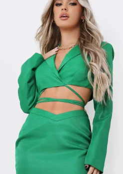 Co-Ords|Coats & Jackets*Missy Empire Janie Green Tailored Tie Waisted Cropped Blazer Co-ord