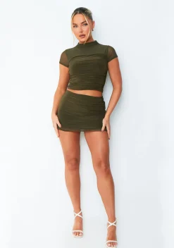 Tops|Co-Ords*Missy Empire Jasmine Khaki Mesh Cap Sleeve Top