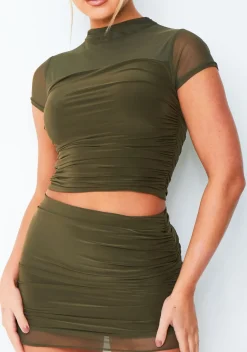 Tops|Co-Ords*Missy Empire Jasmine Khaki Mesh Cap Sleeve Top