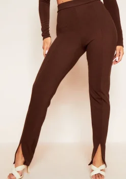 Airport Vibin'|Leggings*Missy Empire Jaz Ribbed Split Front Leggings Chocolate