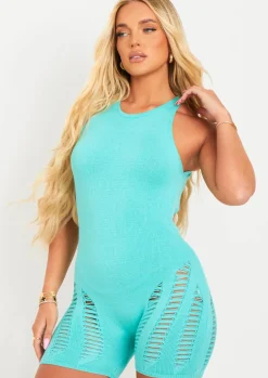 Rave Outfits|Concert Outfits*Missy Empire Jazmyn Racer Knit Laddered Unitard Blue
