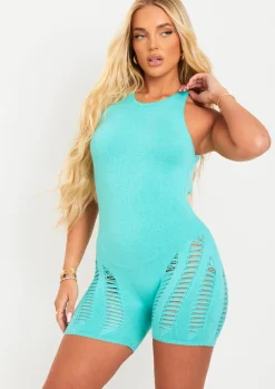 Rave Outfits|Concert Outfits*Missy Empire Jazmyn Racer Knit Laddered Unitard Blue