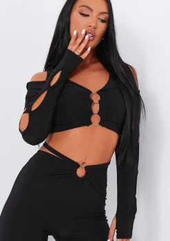 Rave Outfits|Tops*Missy Empire Jenna Ring Detail Shoulder Cut Out Crop Top Black