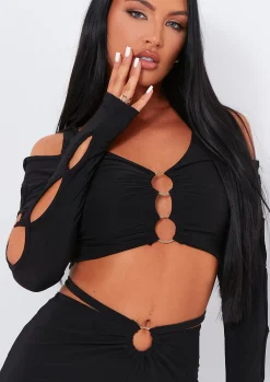 Rave Outfits|Tops*Missy Empire Jenna Ring Detail Shoulder Cut Out Crop Top Black