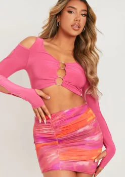 Rave Outfits|Concert Outfits*Missy Empire Jenna Ring Detail Shoulder Cut Out Crop Top Pink