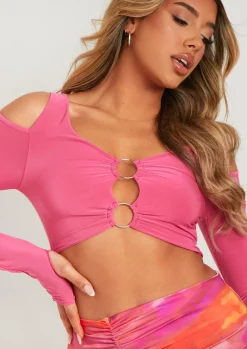 Rave Outfits|Concert Outfits*Missy Empire Jenna Ring Detail Shoulder Cut Out Crop Top Pink
