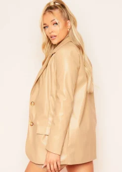 Coats & Jackets|Blazers*Missy Empire Jess Faux Leather Oversized Blazer Beige