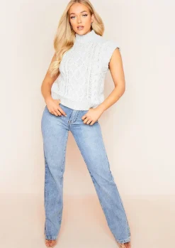 Tops|Knitwear*Missy Empire Jess Cable Knit High Neck Vest Grey