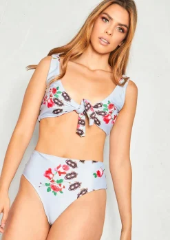 Swimwear|Beachwear*Missy Empire Jess Grey Floral Tie Front Bikini