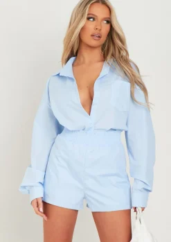 Shorts|Co-Ords*Missy Empire Jessie Blue Cotton Oversized High Waisted Runner Shorts