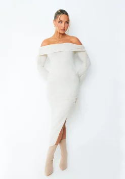 Slip Dresses|Knitted Dresses*Missy Empire Jessy Beige Fold Over Side Ruched Midi Dress