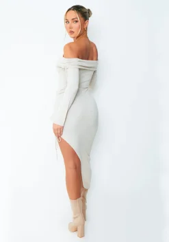 Slip Dresses|Knitted Dresses*Missy Empire Jessy Beige Fold Over Side Ruched Midi Dress