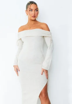 Slip Dresses|Knitted Dresses*Missy Empire Jessy Beige Fold Over Side Ruched Midi Dress