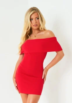 Mini Dresses|Party Dresses*Missy Empire Joanna Red Textured Bardot Mini Dress