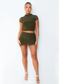 Skirts|Co-Ords*Missy Empire Julia Khaki Mesh Panel Mini Skirt