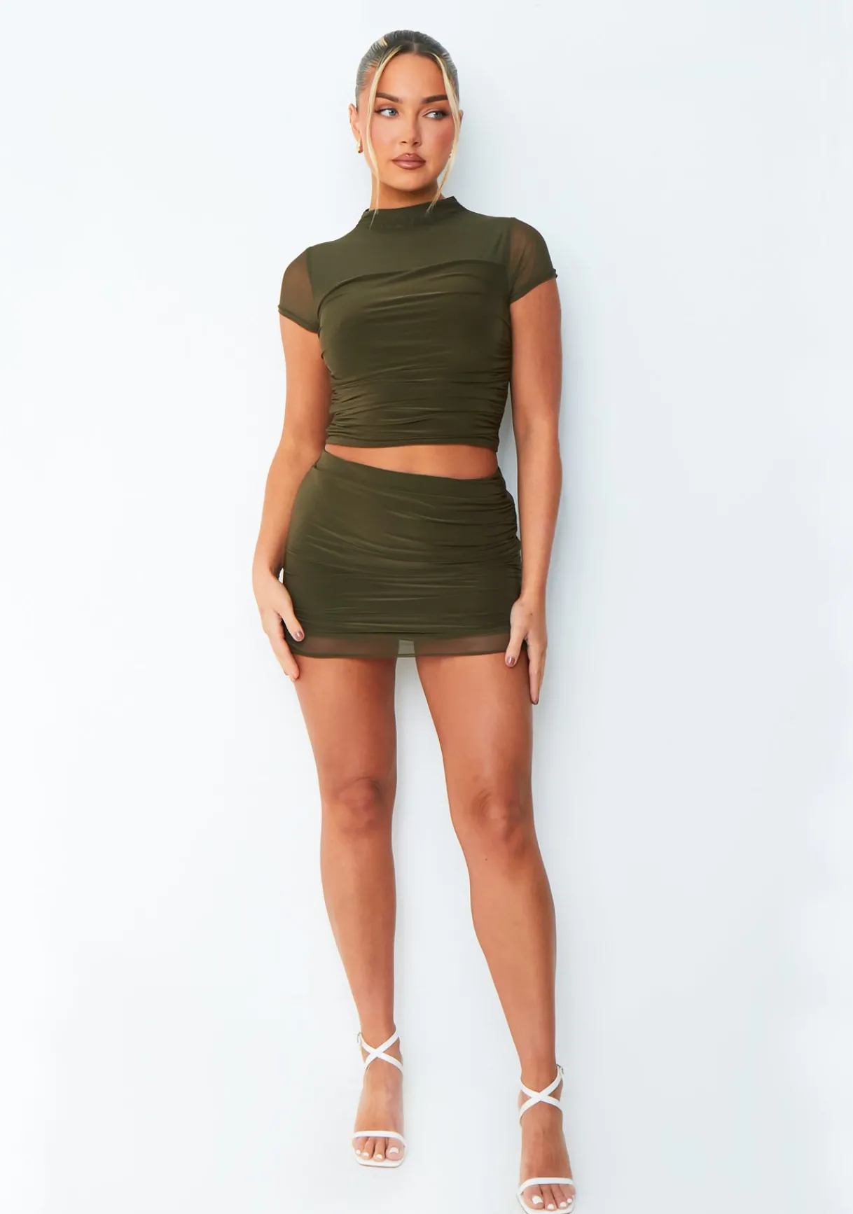 Skirts|Co-Ords*Missy Empire Julia Khaki Mesh Panel Mini Skirt