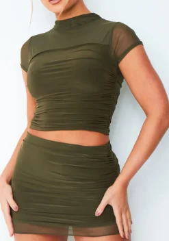 Skirts|Co-Ords*Missy Empire Julia Khaki Mesh Panel Mini Skirt