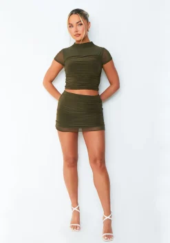 Skirts|Co-Ords*Missy Empire Julia Khaki Mesh Panel Mini Skirt
