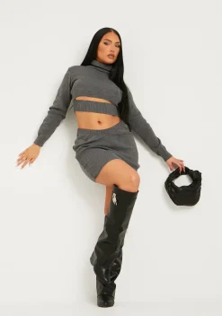Skirts|Knitwear*Missy Empire Juno Knitted V Shape Mini Skirt Co-ord Grey