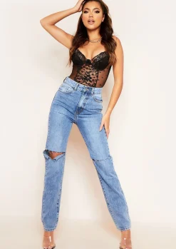Jeans|Denim*Missy Empire Kady Dark Mid Wash Slashed Knee Straight Leg Jeans Blue