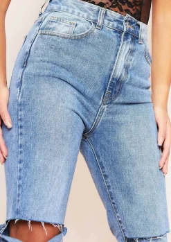 Jeans|Denim*Missy Empire Kady Dark Mid Wash Slashed Knee Straight Leg Jeans Blue