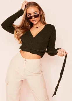 Tops|Knitwear*Missy Empire Kai Khaki Plunge Wrap Knitted Top
