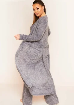 Loungewear|Knitwear*Missy Empire Kara Fluffy Knit Pocket Front Maxi Cardigan Grey