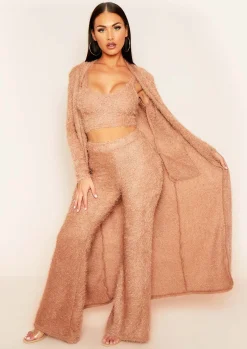 Co-Ords*Missy Empire Kara Fluffy Knit Pocket Front Maxi Cardigan Tan