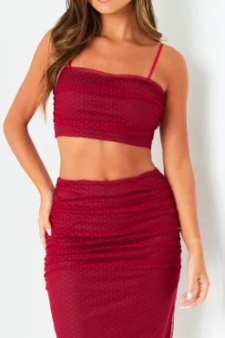 The Party Edit|Tops*Missy Empire Katy Wine Spot Mesh Crop Top