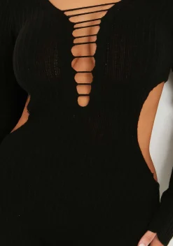 Knitwear|Jumpsuits & Playsuits*Missy Empire Katya Knitted Black Long Sleeve Cut Out Side Jumpsuit