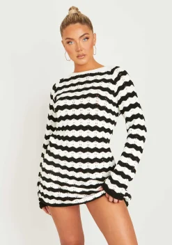 Long Sleeve Dresses|Knitted Dresses*Missy Empire Kaylee Black And White Crochet Mini Dress