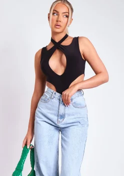 Rave Outfits|Tops*Missy Empire Kayleigh Black Double Layer Cross Over Bodysuit