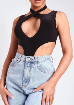 Rave Outfits|Tops*Missy Empire Kayleigh Black Double Layer Cross Over Bodysuit