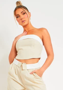 Tops|Co-Ords*Missy Empire Kaysie Fold Over Bandeau Top Beige