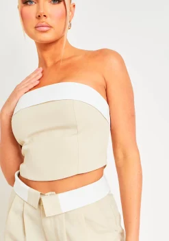 Tops|Co-Ords*Missy Empire Kaysie Fold Over Bandeau Top Beige