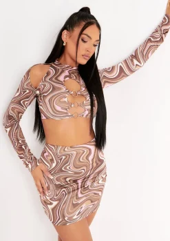 Rave Outfits|Tops*Missy Empire Keeley Swirl Print Cut Out Long Sleeve Crop Top Brown