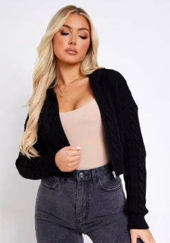 Knitwear|Coats & Jackets*Missy Empire Kendra Cable Knit Zip Through Hooded Jacket Black