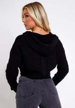 Knitwear|Coats & Jackets*Missy Empire Kendra Cable Knit Zip Through Hooded Jacket Black