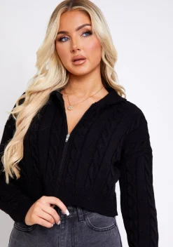 Knitwear|Coats & Jackets*Missy Empire Kendra Cable Knit Zip Through Hooded Jacket Black