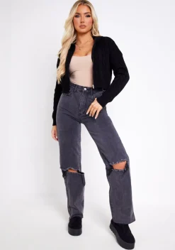 Knitwear|Coats & Jackets*Missy Empire Kendra Cable Knit Zip Through Hooded Jacket Black