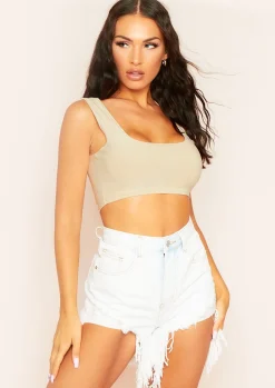 Tops|Basics*Missy Empire Kendra Square Neck Cropped Vest Top Champagne