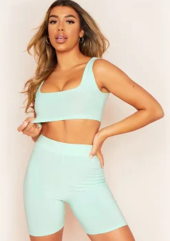 Tops|Basics*Missy Empire Kendra Green Square Neck Cropped Vest Top Mint