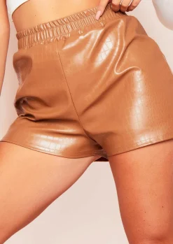 Shorts*Missy Empire Kiana Camel Croc Print Vegan Leather Shorts