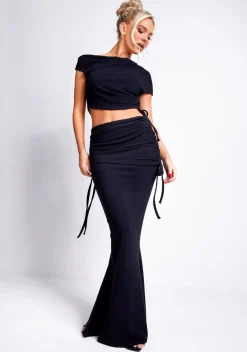 Concert Outfits|The Party Edit*Missy Empire Kianne Black Ruched Fold Over Maxi Skirt