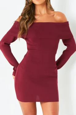 The Party Edit|Party Dresses*Missy Empire Kiara Burgundy Long Sleeve Off The Shoulder Knitted Dress Red