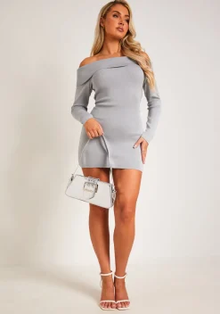 Knitted Dresses|Mini Dresses*Missy Empire Kiara Long Sleeve Off The Shoulder Knitted Dress Grey