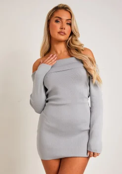Knitted Dresses|Mini Dresses*Missy Empire Kiara Long Sleeve Off The Shoulder Knitted Dress Grey