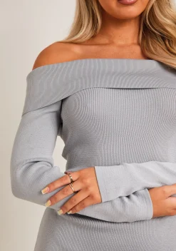 Knitted Dresses|Mini Dresses*Missy Empire Kiara Long Sleeve Off The Shoulder Knitted Dress Grey
