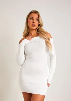Knitted Dresses|Mini Dresses*Missy Empire Kiara Long Sleeve Off The Shoulder Knitted Dress White